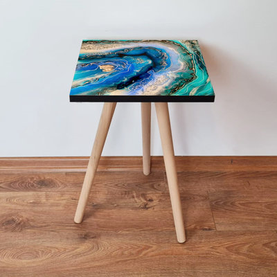 Abstract Marble Side Table, 100% MDF with Beech Wood Legs, 13.8 x 16.5 x 13.8 inches | Durable & Stylish Design | Perfect for Living Room, Bedroom, or Office | Modern Accent Furniture