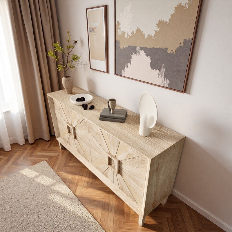 Buffet avec porte symétrique Sunburst et tablettes réglables, Naturel antique