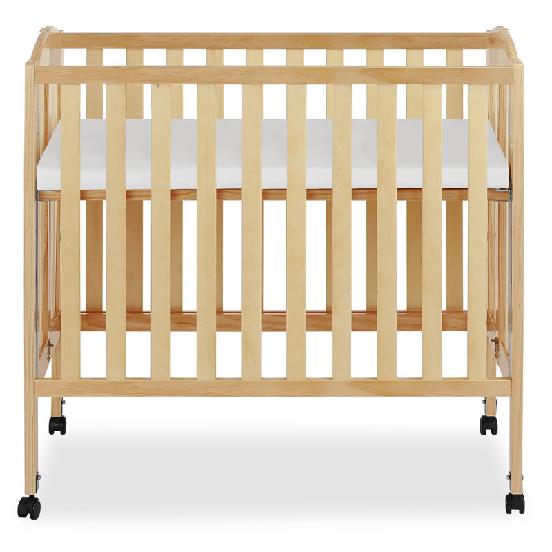Natural Pine Convertible Folding Portable Crib with Locking Wheels