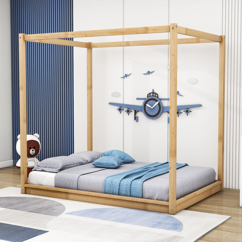 Lit plateforme à baldaquin en bois avec support à lattes, Naturel, Grand