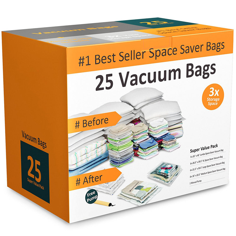 25 Vacuum Storage Bags - Compression Packs for Storing Clothes and Linens - Airtight Space-Saving Bags in 4 Sizes with Pump