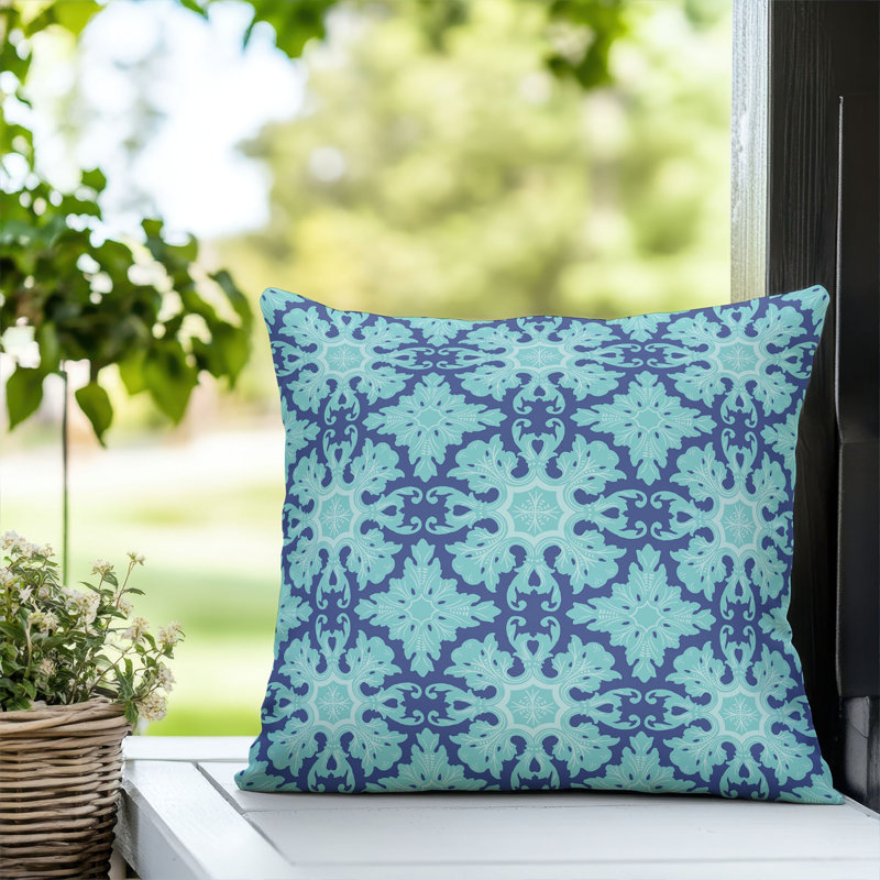 Coussin décoratif en damas pour l'extérieur, Bleu, Carré 16 po