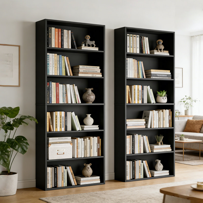 6-Tier Freestanding Bookcase Set Of 2, Tall Open Wood Bookshelf For Bedroom, Living Room And Office, Black