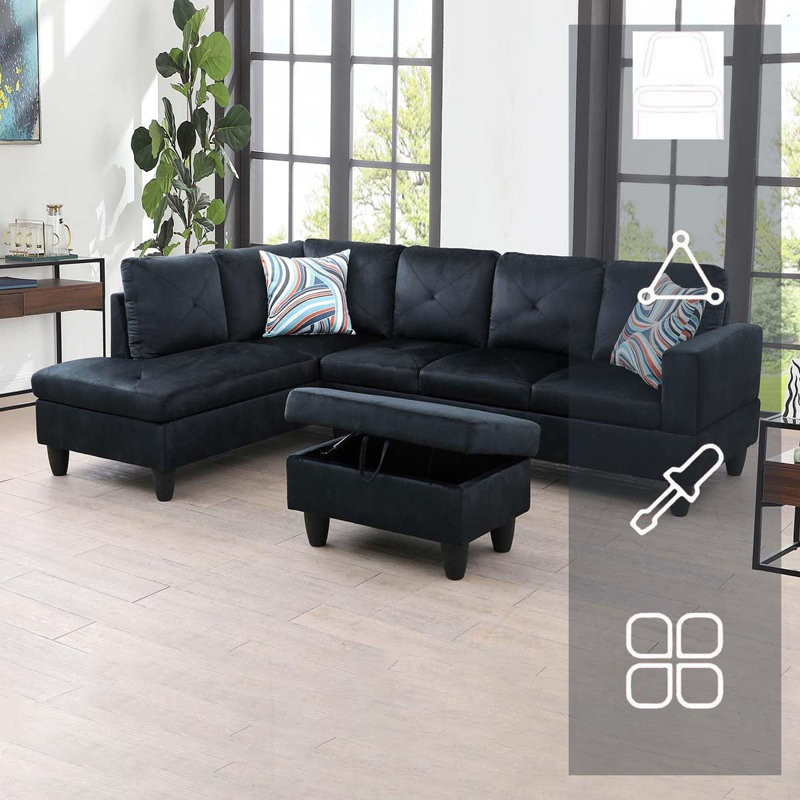 3-Piece Flannel Sectional Sofa, Left Hand Facing, Midnight Blue Fabric