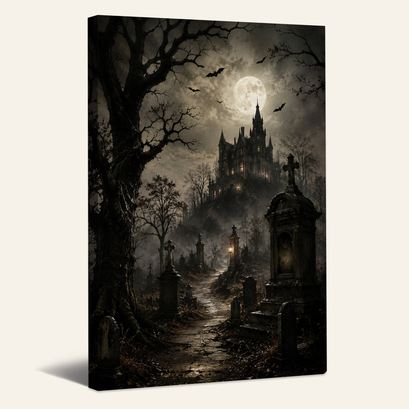 Impression sur toile gothique, château sur sentier sous la pleine lune, H 36 po x l 24 po