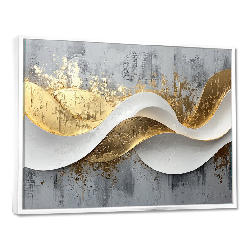 Abstrait bosquet d'introspection en or et blanc V - art abstrait de vagues modernes, H 34 po x l 44 po, Cadre flottant, Blanc