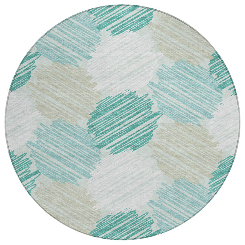 Machine Washable Indoor/Outdoor Xhevrie Teal Rug, Round 8'