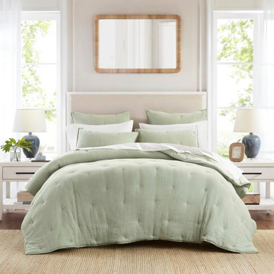 Courtepointe très grand en coton de taille sauge très doux avec texture froissée, respirante pour une utilisation toute l'année, motif brodé et gaze de sauge standard de 100, légère et confortable, confort toutes saisons, attelage