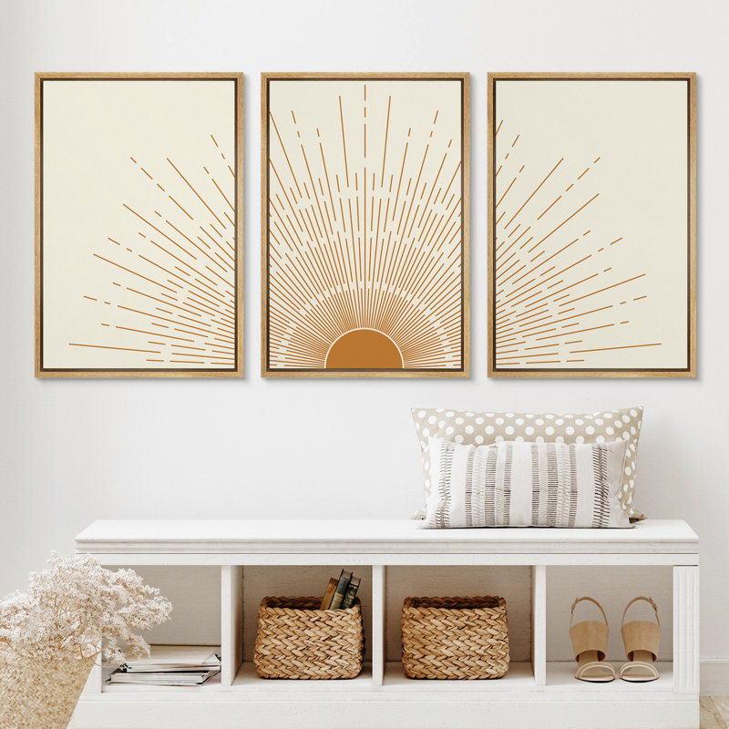 Bright Orange Boho Sun Burst Artwork, Mid-Century Modern Organic Minimalist Wall Pictures, Framed Canvas Giclée Print 3 Pieces Wall Art"