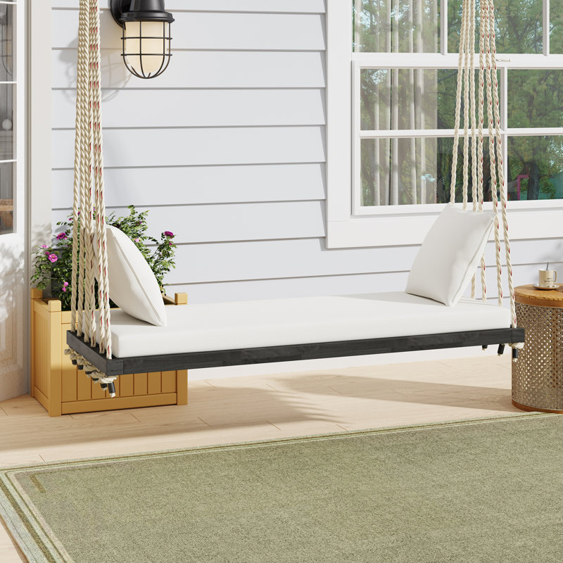 Acacia Wooden Swing Chair With Cushion, Pillows, And Hemp Ropes For Garden And Patio Relaxation, Brown, White