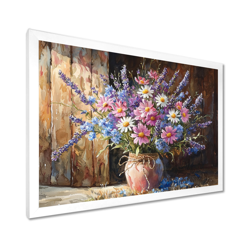 Art mural grand champ de fleurs de jardin II - Bouquets assortis, H 24 po x l 32 po, Cadre simple, Blanc