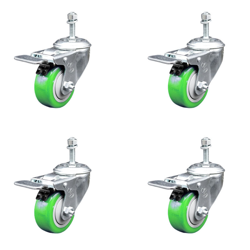 3.5 Inch SS Green Polyurethane 10mm Threaded Stem Caster Set Total Lock Brake