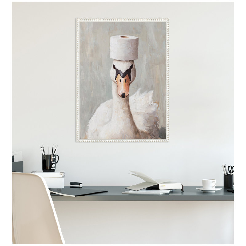 Toilet Paper Roll on White Swans Head Bathroom Art by The Creative Bunch Studio Framed Canvas Wall Art Print