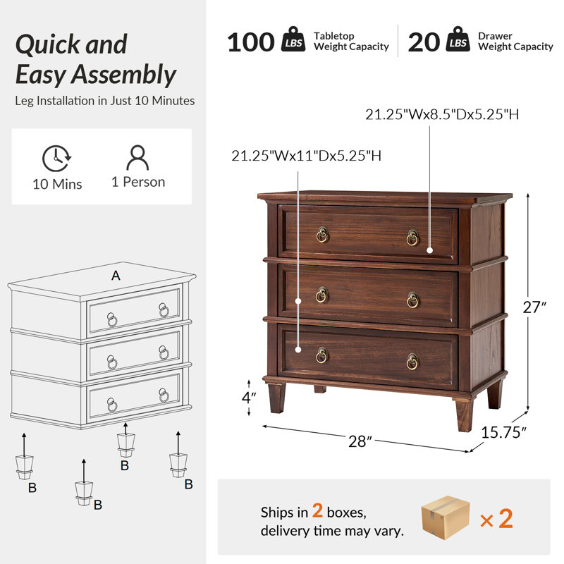  Allisa 28"W 3-Drawer Solid Wood End Table with Built-in Charging Station and Simple Assembly, Walnut