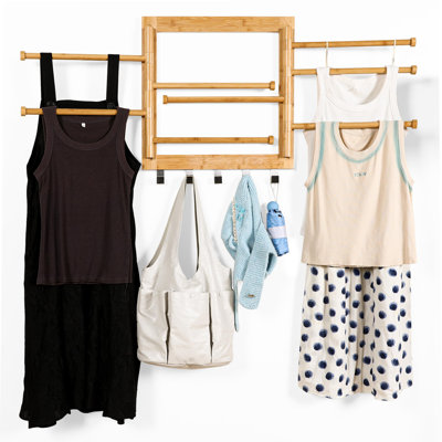 Wall Mounted Drying Rack - Clothes Drying Rack Wall Mounted For Laundry - 20 INCH - With 5 Hooks And 8 Arms - 80 Lbs Capacity - Natural Bamboo