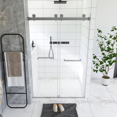 Porte de douche coulissante double sans cadre l 44 à 48 po x H 74 po, verre trempé 5/16 po (8 mm), film antidéflagrant, poignée en acier inoxydable, rail tubulaire carré, nickel brossé