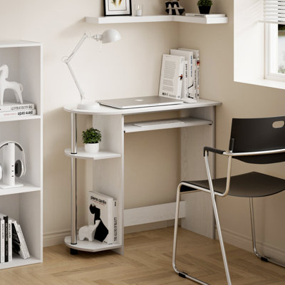Simplistic Computer Desk Modern Small-Space Home Office Table with Keyboard Tray & Side Shelf, White/Stainless