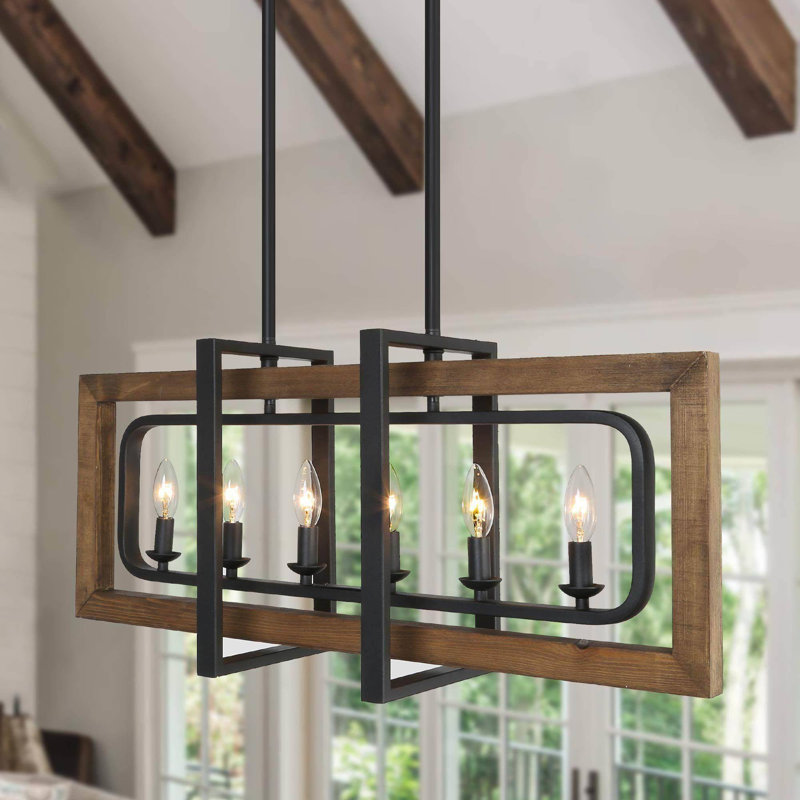 Dayton 6 - Light Candle Style Geometric Chandelier with Wood Accents