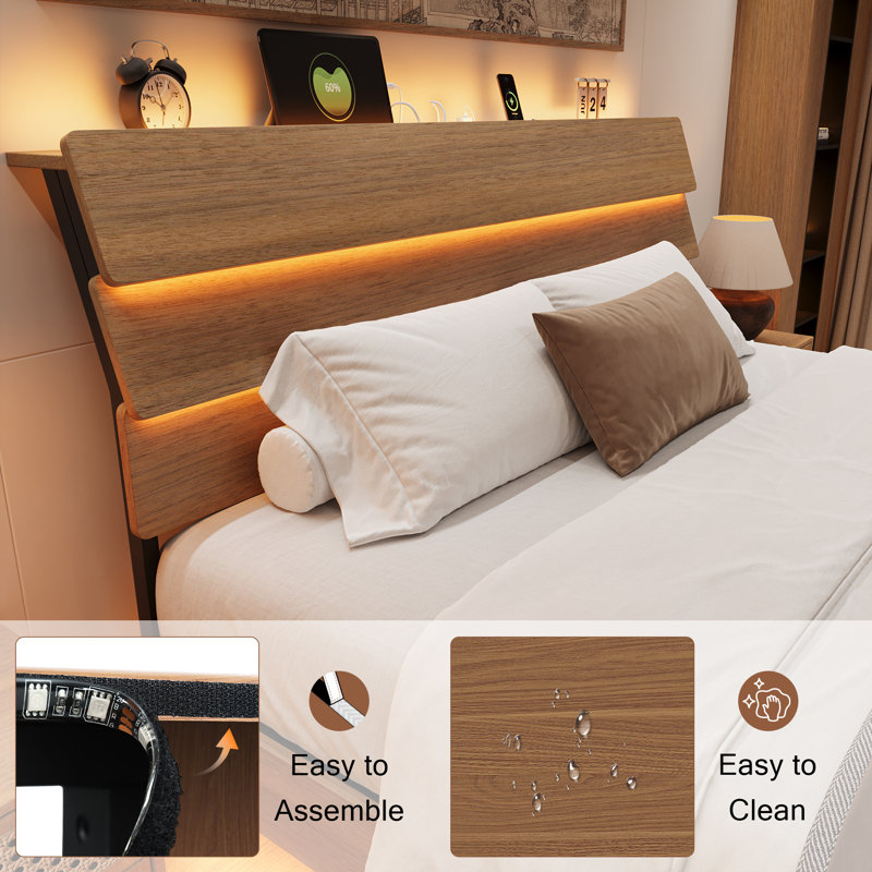  King Size Floating Bed Frame With Led And Charging Station,metal Platform Bed Frame With Storage Headboard,no Box Spring Needed,noise-free,easy To Assemble,walnut