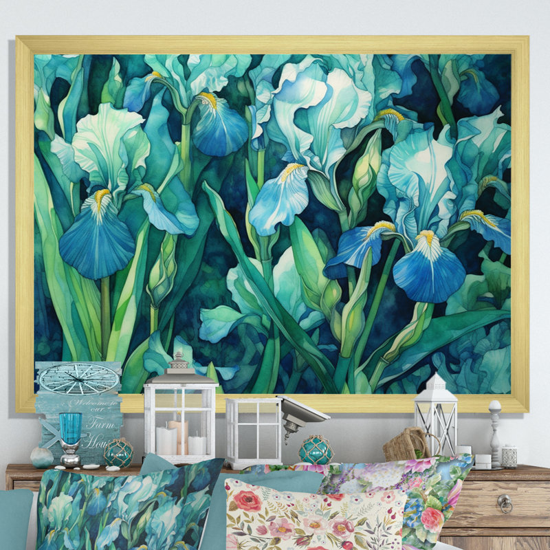 «Green Irises Petal IV» sur toile, Encadrement doré, H 16 po x l 32 po x P 1 po