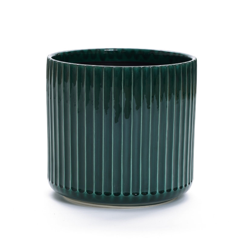 Jade Green Ribbed Round Ceramic Planter, 11.81" H x 11.42" W x 11.42" D