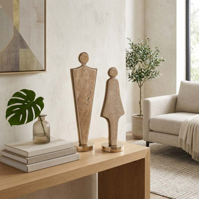 Objets de statue en marbre de silhouette humaine pour la maison - Accent décoratif avec base en métal pour la décoration de salon - ensemble de 2, 15 po, 13 po, or et bronze