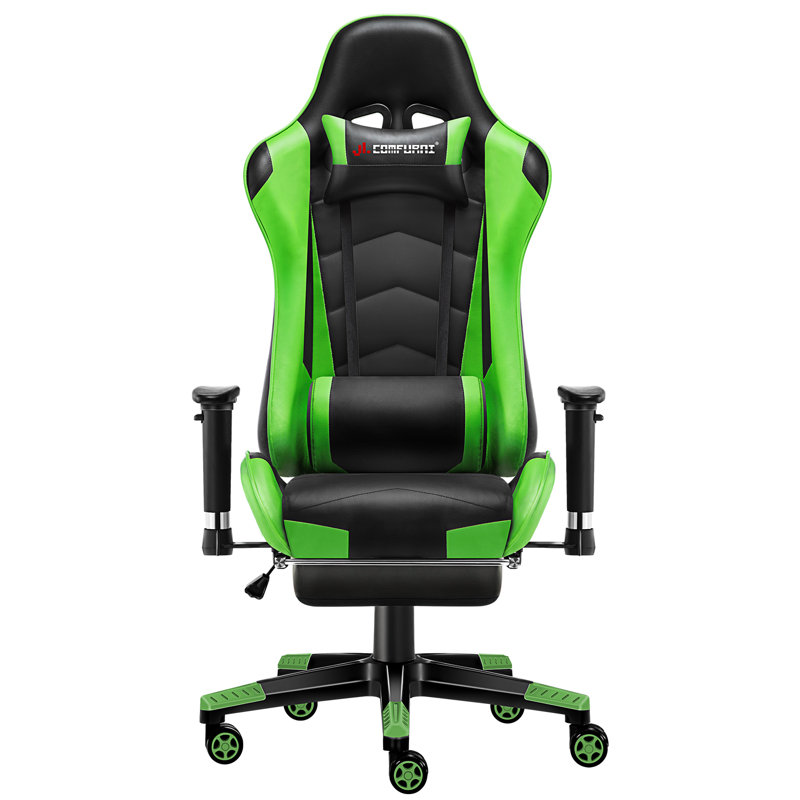 JL Comfurni JD-S0 Adjustable Reclining Ergonomic Faux Leather Swiveling PC & Racing Game Chair with Footrest, Black/Green