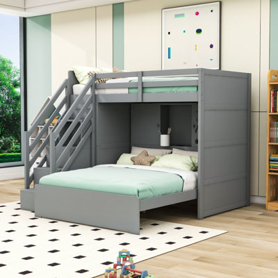 Twin over Full Wooden Bunk Bed with USB Ports, Wardrobe and Light