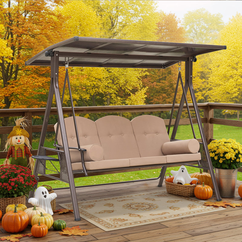Balancelle de patio avec auvent ajustable en PVC et porte-gobelet, Kaki, 79.3"