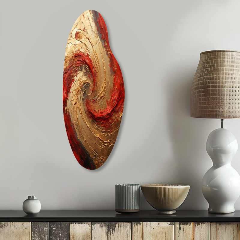 «Red Gold Fusion Spiral - Asymmetric Abstract Spirals», art mural en métal incurvé, H 30 po x l 11 po x P 1 po