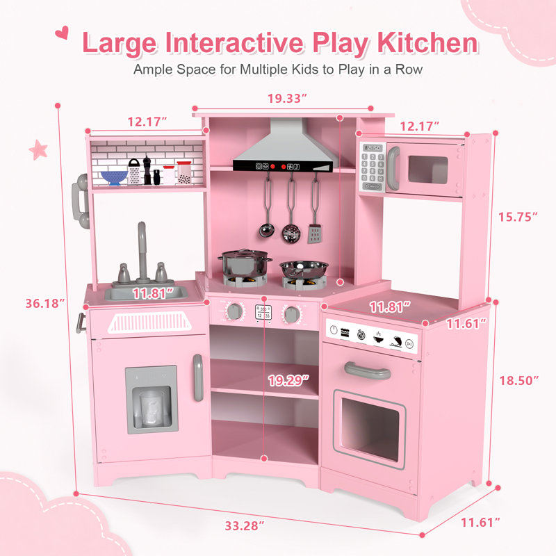 JOYLDIAS Corner Wooden Pretend Kids Play Kitchen, Toddler Kitchen Toys Playset, Pink