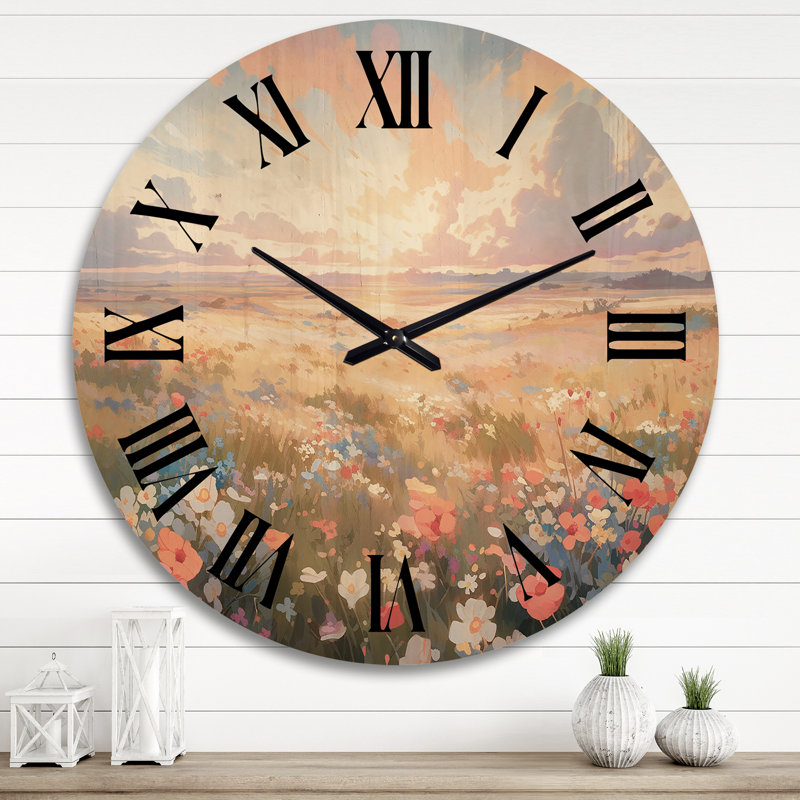 Horloge murale Coral Beige Wildflower Meadow, Très grand