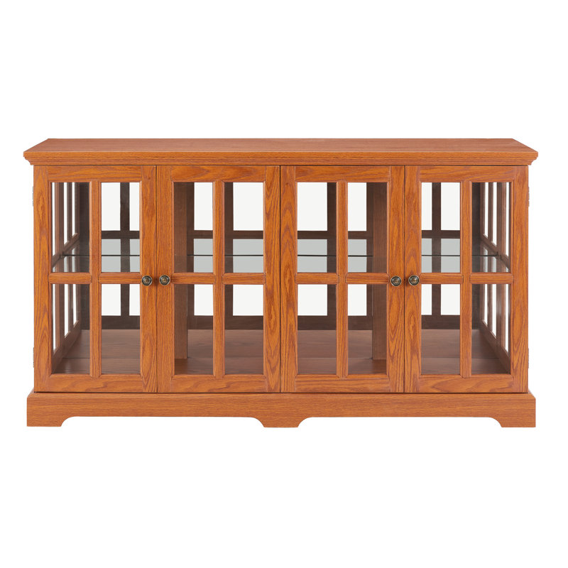 Antique Dark Oak Glass Display Case With Grid Doors, Adjustable Shelves, And - Enabled Led Lights For Home Interior Cabinet Style Base, Remote Controlled Decor