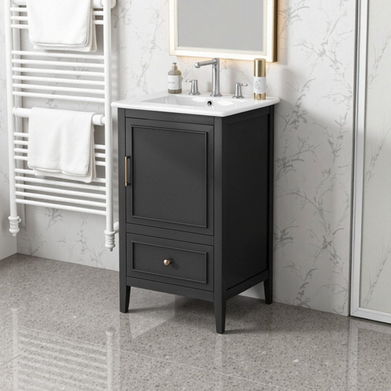 Meuble-lavabo compact de 20 po avec lavabo semi-lunaire en céramique | Pieds réglables, rangement spacieux et conception autoportante moderne