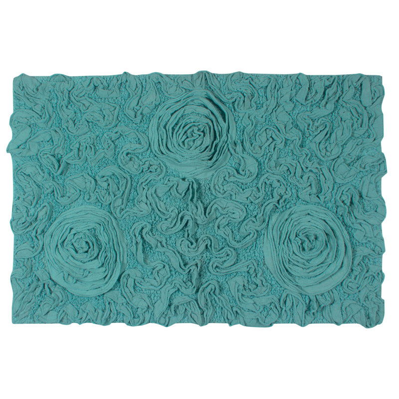 Schoenberger Floral Design Cotton Bath Rug, 34" L x 21" W, Turquoise