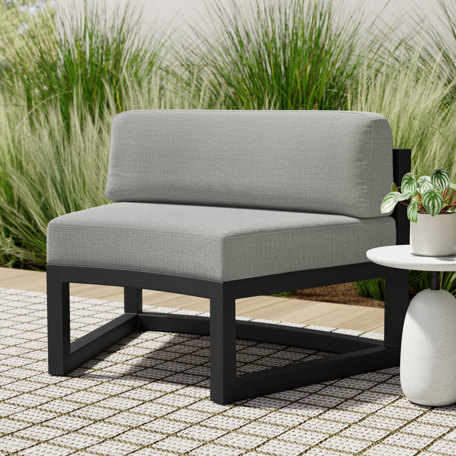 Smith Outdoor Armless Lounge Chair with Sunbrella® Cushions, Cast Silver, Black