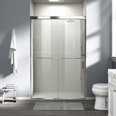 Porte coulissante double avec porte coulissante de 44 po à 48 po x H 72 po avec porte coulissante à dérivation avec film en verre trempé antidéflagrant SGCC, 2 porte-serviettes pour salle de bain de plain-pied, chrome