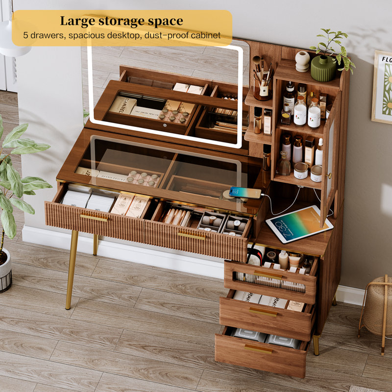 47.24" Makeup Vanity with 29.53" Lighted Mirror, 5 Drawers & Charging Station & 3 Light Modes, Brown