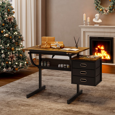 Adjustable Black Drawing Table With Stool And Office Supplies Storage Drafting For Art Purposes