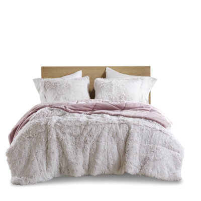 3 Pcs Full/Queen Shaggy Faux Fur Comforter With Pink And White, Filling, Soft Warm, Machine Wash On Gentle Cycle, - Of Pieces In Down Alternative, Reverse, Washable,