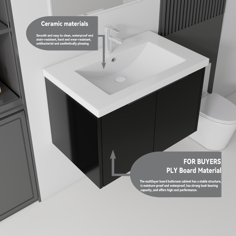 Flottant, meuble-lavabo de salle de bain avec lavabo, avec porte à fermeture en douceur, lavabo en céramique, contreplaqué, noir