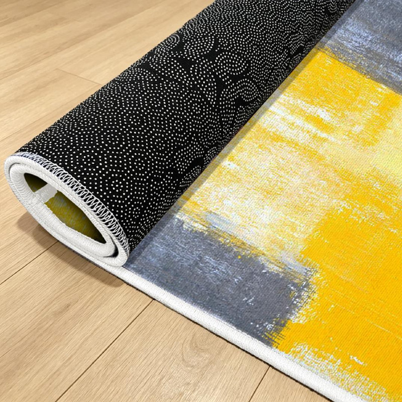 Clear Grey Yellow Abstract Art Painting Modern Machine Washable Indoor Area Rug, Rectangle 39" x 63"