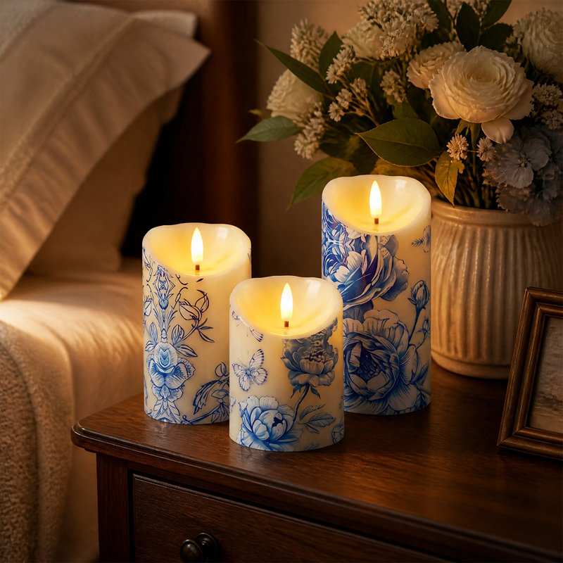 Paquet de 3 bougies DEL sans flamme en porcelaine bleue (S / M / L) - Télécommande, flamme réaliste, multifonctionnelle pour toute occasion