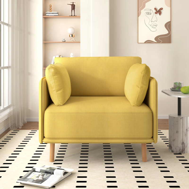 Yellow Upholstered Chair With Wooden Base, 39", For Relaxing In Any Room 39" Modern Yellow, Legs And Cushioned Upholstery Lounge