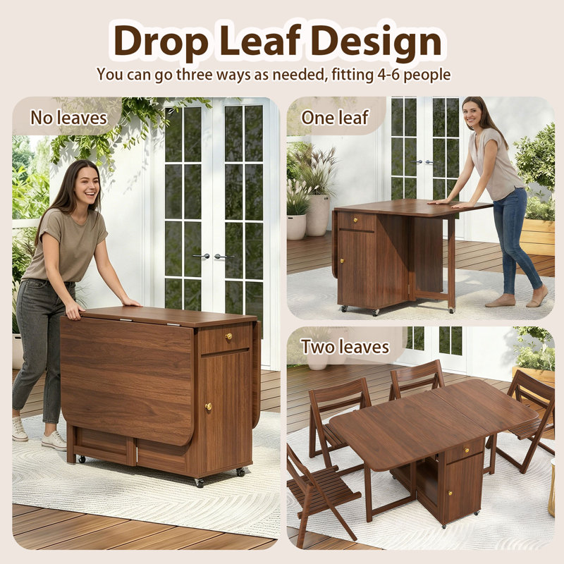 Space Saving Folding Drop Leaf Kitchen Dining Table with 4 Hidden Chairs, Fully Assembled, Walnut, 51"