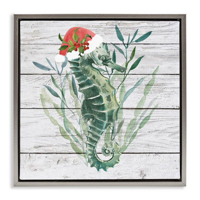 «Christmas Seahorse with Santa Hat», art mural encadré flottant doré par Jennifer Paxton Parker