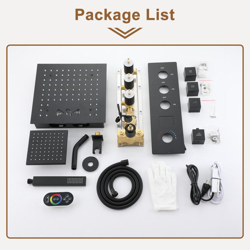 Matte Black 12" LED Rain Shower System with Bluetooth Speaker