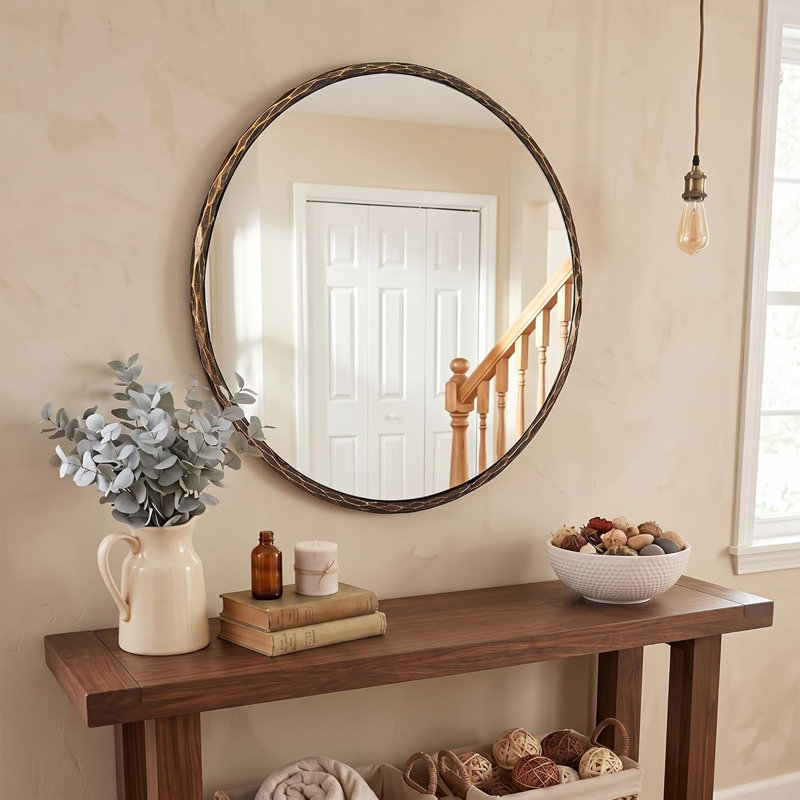 Vintage Round Bathroom Vanity Mirror | Hand-Hammered Iron Frame, Forged Bronze, 32" x 32"