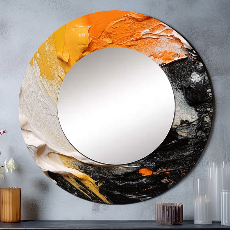 Orange et noir Mystic Spirals III - miroir mural décoratif spirales abstraites, miroir rond orange, impression d'art en métal
