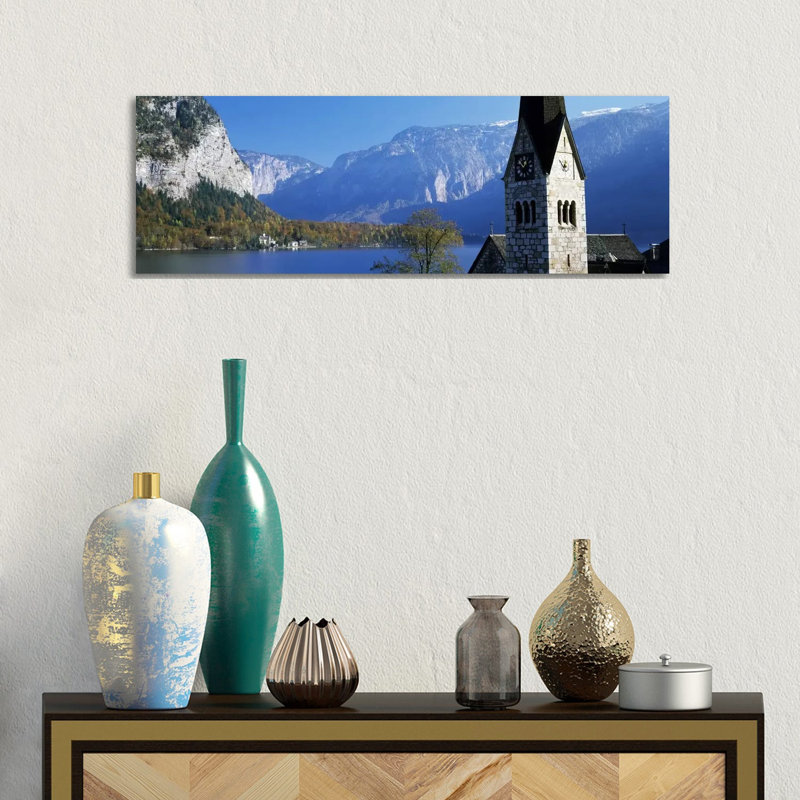 Church At The Lakeside, Hallstatt, Salzkammergut, Austria - Wrapped Canvas Panoramic Print